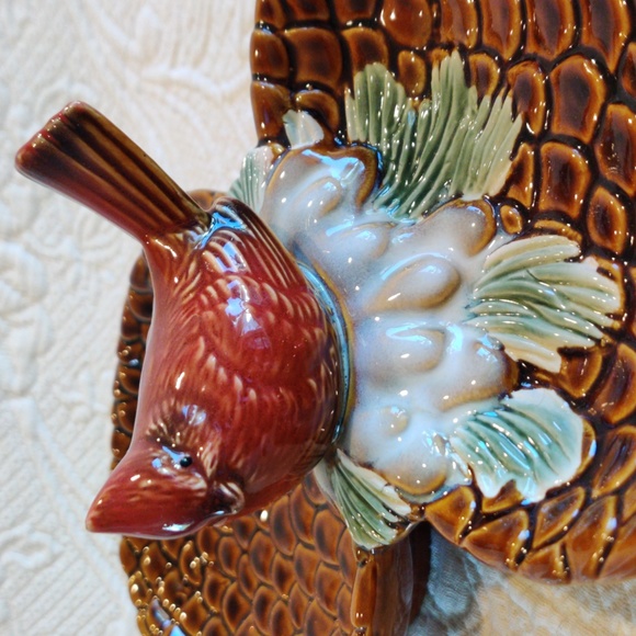 Vintage Dual Ceramic Pinecone Party Serving Nut & Candy Dish With Cardinal Bird - Picture 2 of 10